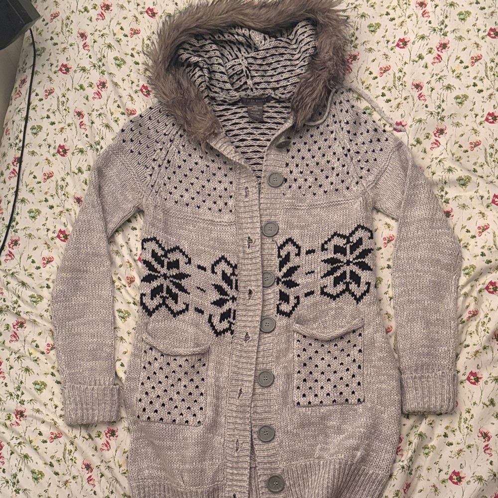 Suzy Shier Gray Cardigan with Faux Fur Hood
